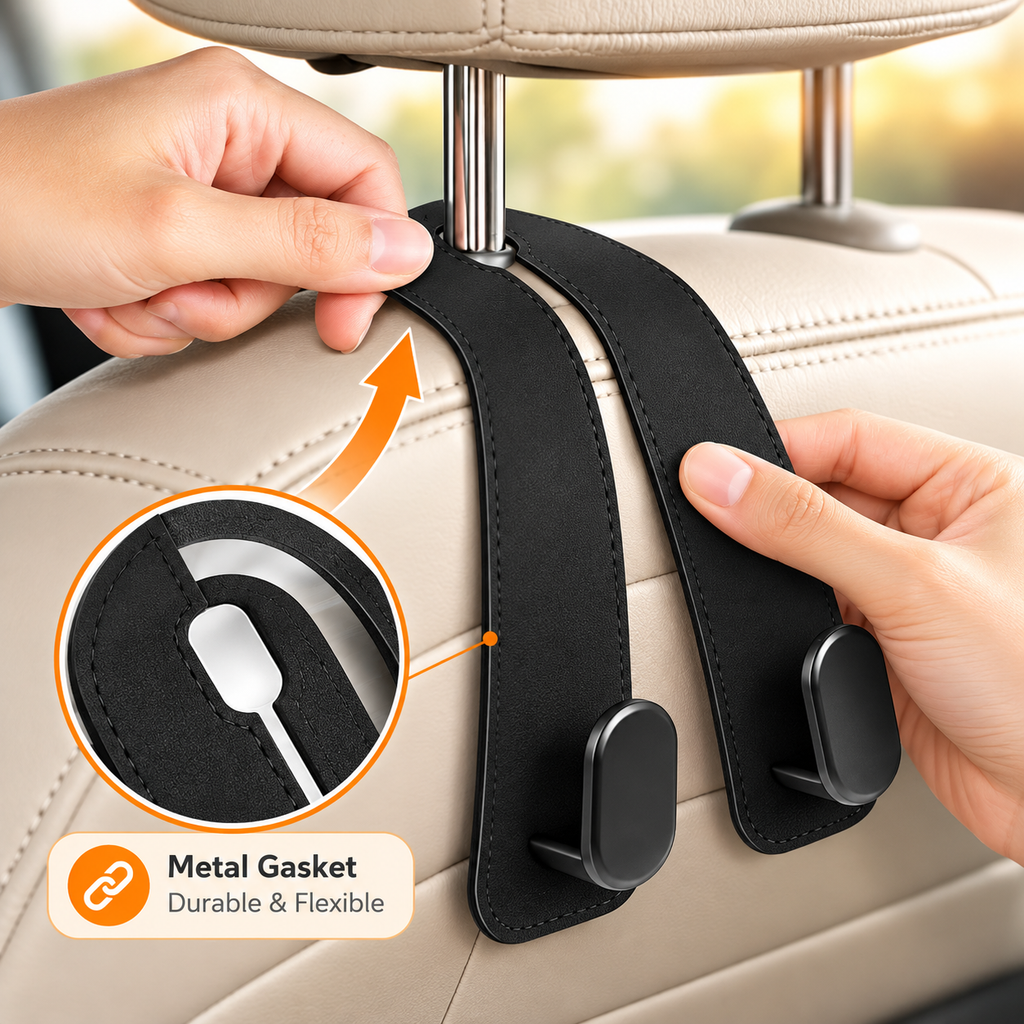 MiniTrendz Leather Car Headrest Double Hooks — Set of 2