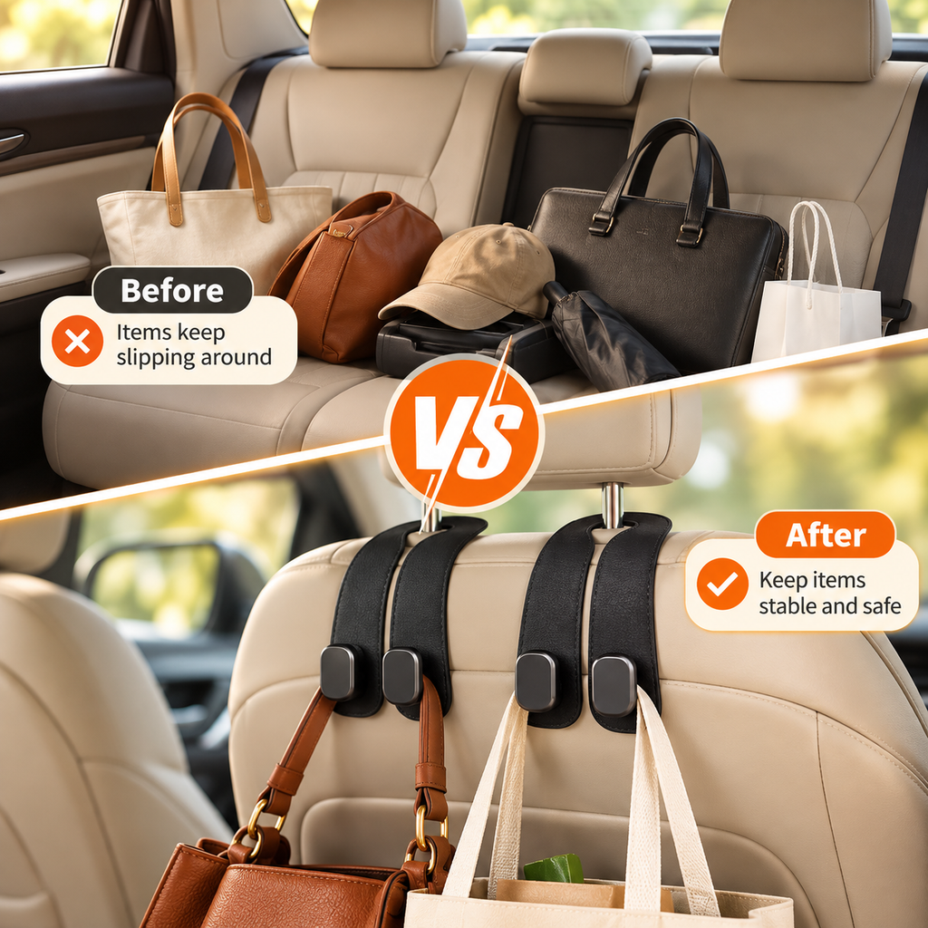 MiniTrendz Leather Car Headrest Double Hooks — Set of 2
