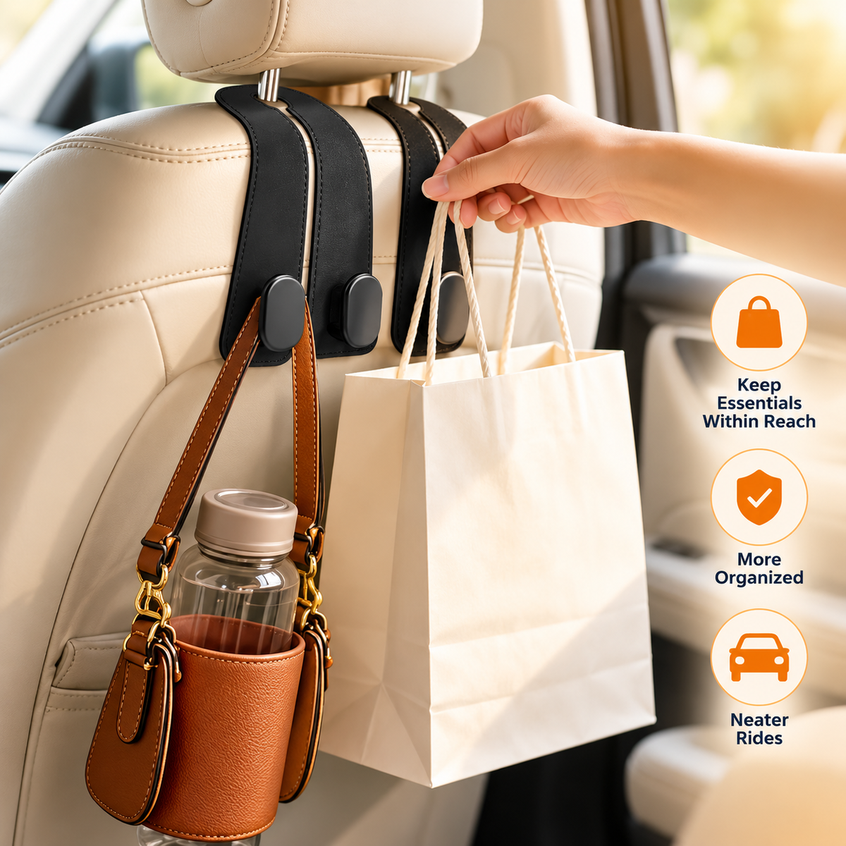 MiniTrendz Leather Car Headrest Double Hooks — Set of 2