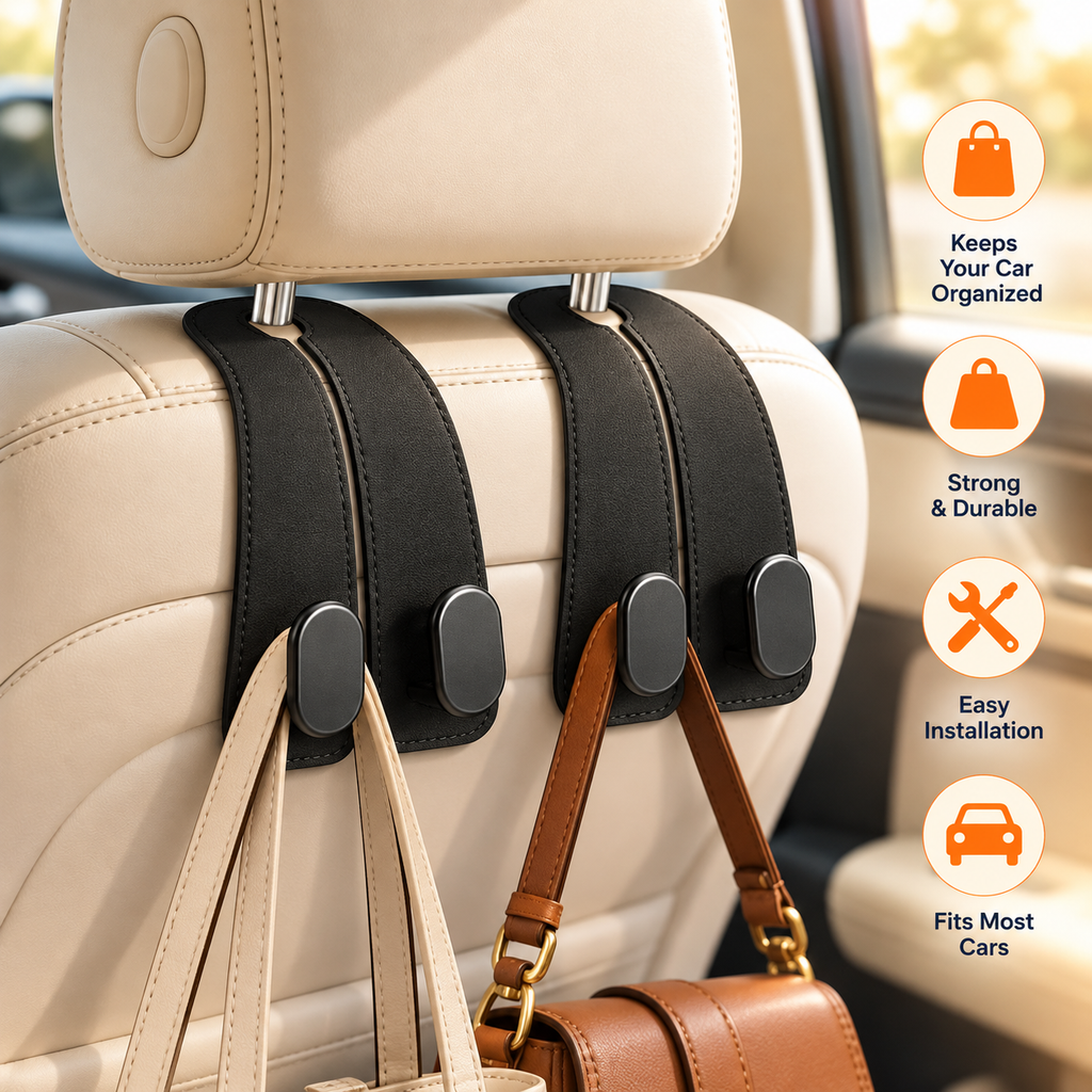 MiniTrendz Leather Car Headrest Double Hooks — Set of 2