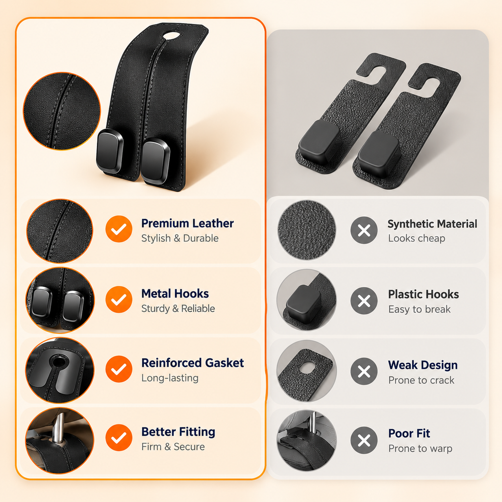 MiniTrendz Leather Car Headrest Double Hooks — Set of 2