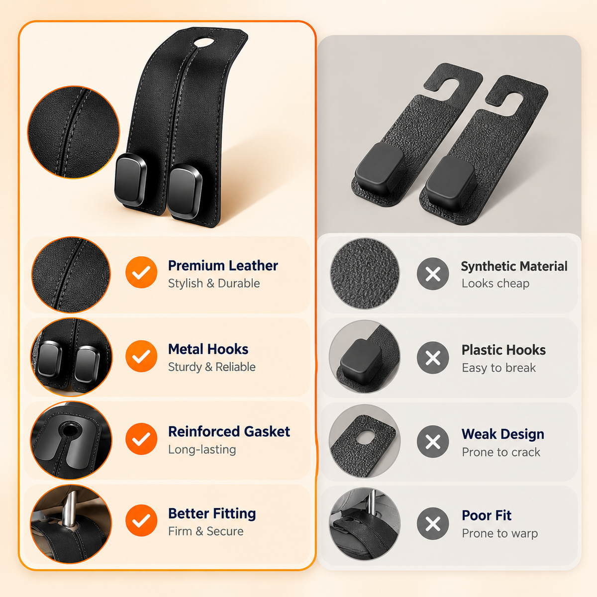 MiniTrendz Leather Car Headrest Double Hooks — Set of 2